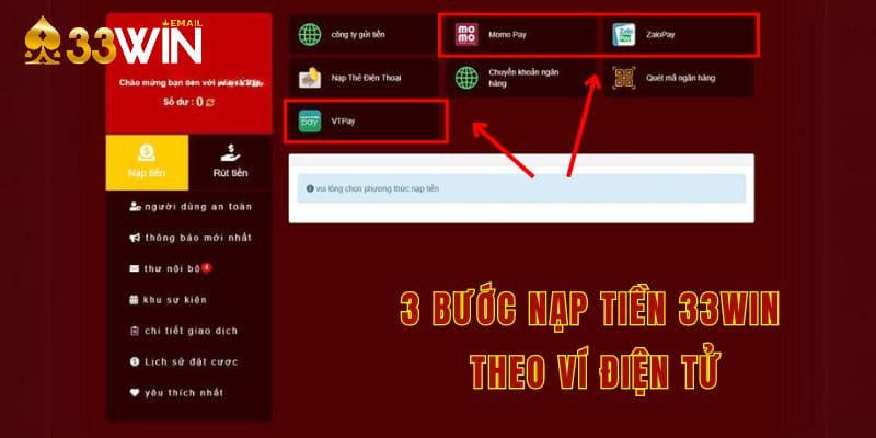 3 bước nạp tiền 33win theo ví điện tử