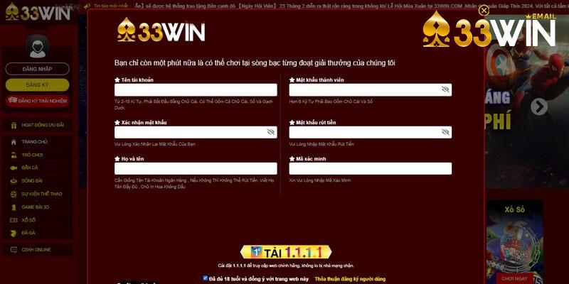 Miễn trừ trách nhiệm cho 33win nếu hội viên điền sai thông tin