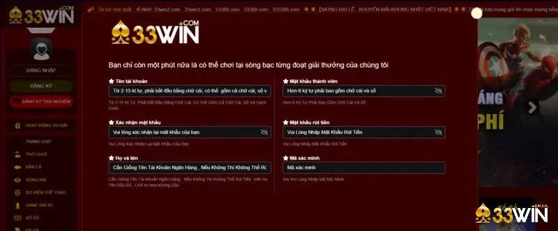 Tạo tài khoản để trải nghiệm xóc đĩa tại 33win